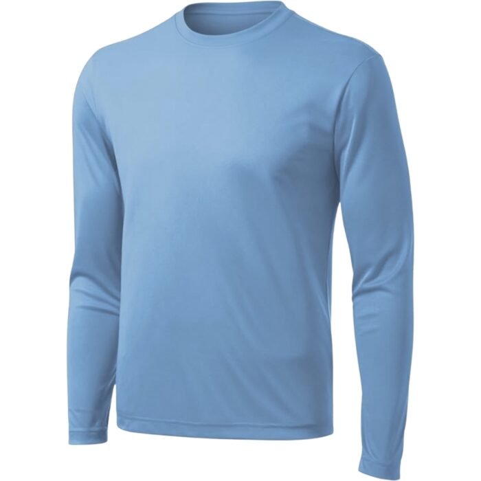 Light blue minimalist long-sleeve crew-neck t-shirt on pure white background. Smooth synthetic-blend fabric, relaxed fit, clean lines, tapered sleeves ending at wrists.