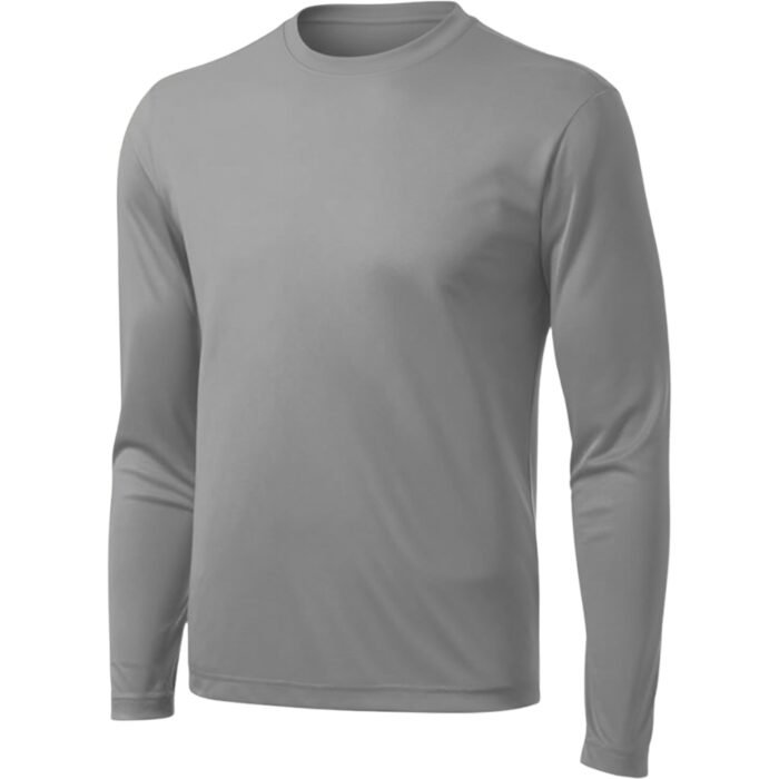 Gray crew-neck long-sleeve t-shirt displayed flat on a white background, showing smooth fabric texture and clean casual styling.