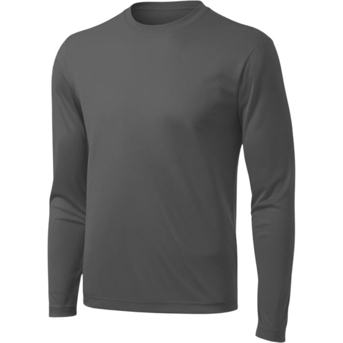 A minimalist gray crew-neck long-sleeve t-shirt laid flat on a pure white background. Smooth, slightly reflective fabric with clean seams and a relaxed silhouette.
