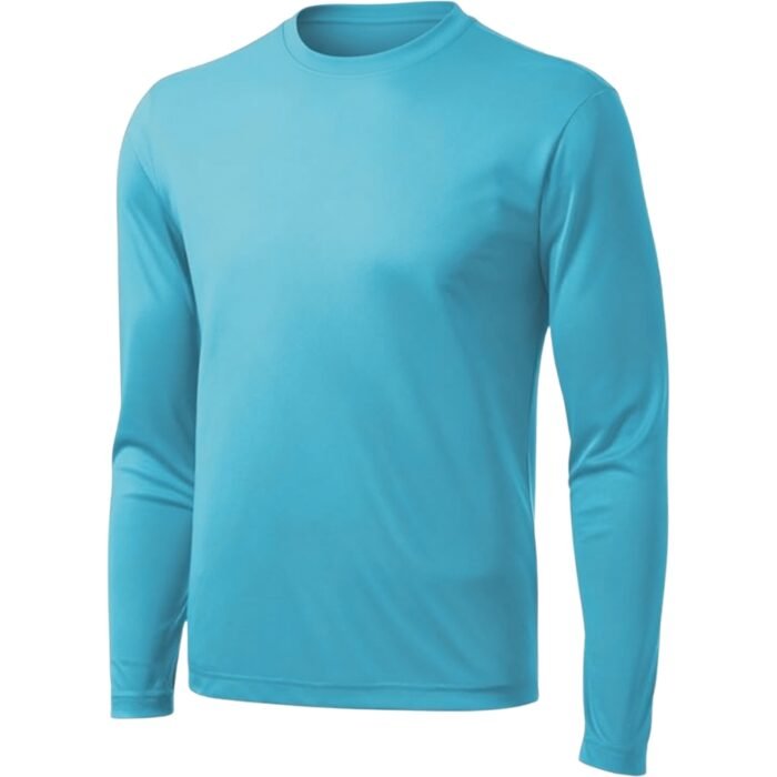 A front-facing turquoise long-sleeve crew-neck t-shirt on a pure white background. Smooth, slightly reflective fabric; relaxed fit; clean round neckline and tapered sleeves.