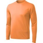 Bright orange long-sleeve crew-neck t-shirt in smooth, slightly shiny synthetic blend, photographed front-facing on pure white background.