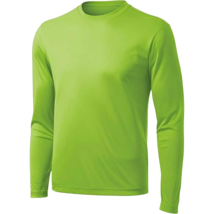 A bright green long-sleeve crew-neck t-shirt laid flat on a pure white background, front view showing smooth synthetic-blend fabric, clean seams, and tapered sleeves.