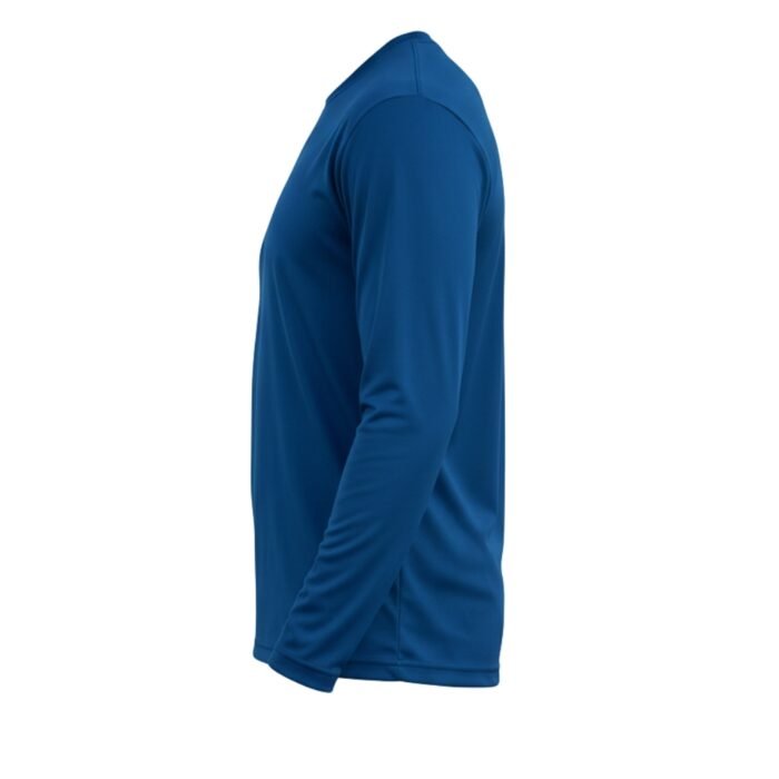 Side view of a relaxed-fit blue long-sleeve crew-neck t-shirt on a mannequin against pure white background. Smooth synthetic blend fabric drapes naturally; sleeves fall cleanly to the wrist, torso tapers subtly at the waist.