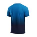 Blue short-sleeve athletic top on a white background