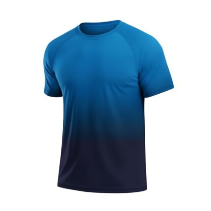 Men's blue basketball T-shirt with gradient from light to dark blue, crew neck, and set-in short sleeves, displayed on white background