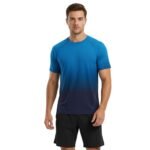 Blue short-sleeve athletic top on a white background