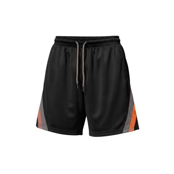 Black athletic shorts with orange accent stripes and drawstring waistband Alt text: Black athletic shorts with orange accent stripes and drawstring waistband