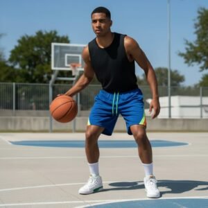 Men’s dark green sleeveless athletic hoodie with white mesh hood, white vertical side stripe, white drawstrings ending in silver metal tips, and light gray interior lining — front view on pure white background.