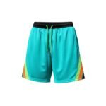 Turquoise athletic shorts with black elastic waistband, drawstring, and multicolor side panels