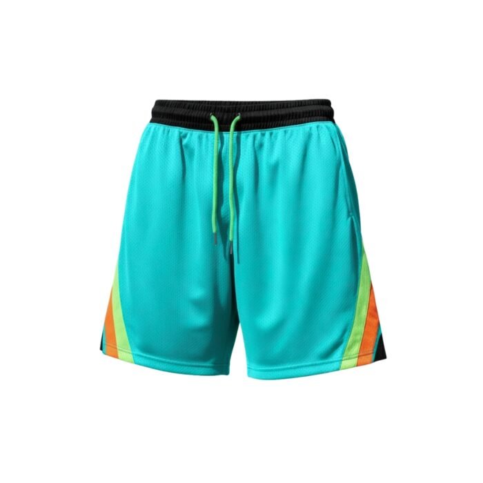 Turquoise athletic shorts with black elastic waistband, drawstring, and multicolor side panels