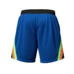 Men's blue basketball shorts with black elastic waistband and dual-tone vertical side stripes in lime green and orange