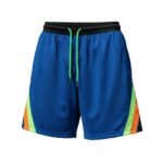 Blue breathable mesh basketball shorts with black elastic waistband, lime green drawstrings, and contrasting vertical side stripes in lime green and orange.