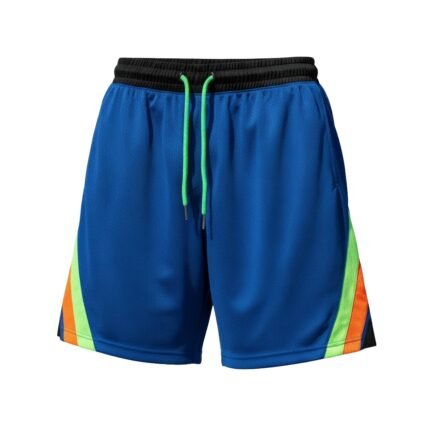 Blue breathable mesh basketball shorts with black elastic waistband, lime green drawstrings, and contrasting vertical side stripes in lime green and orange.
