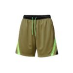 Olive green open-knit mesh basketball shorts with black ribbed elastic waistband, neon green drawstrings with silver aglets, and vertical neon green side stripe bordered by black trim — studio-lit on white background.