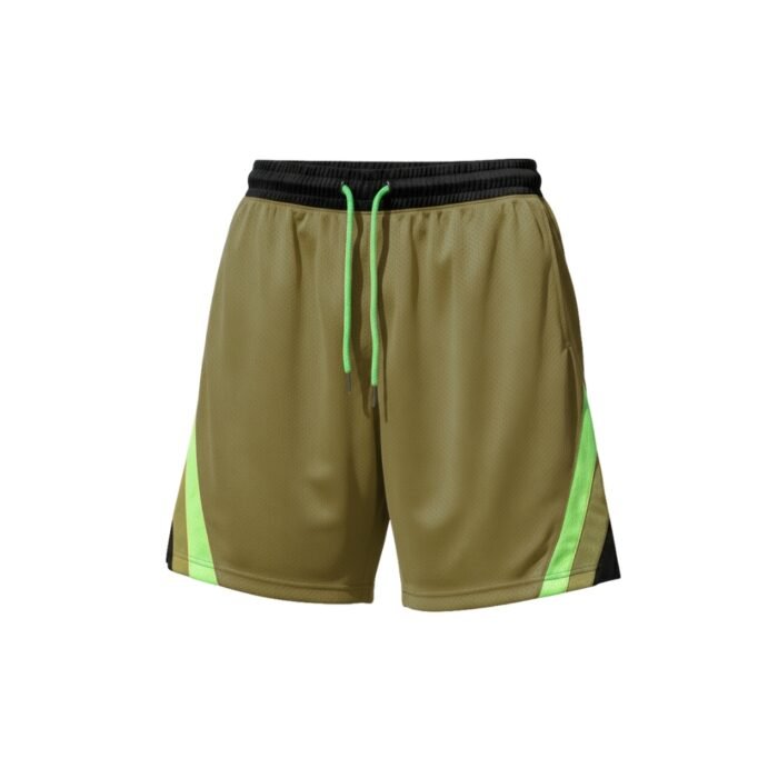 Olive green open-knit mesh basketball shorts with black ribbed elastic waistband, neon green drawstrings with silver aglets, and vertical neon green side stripe bordered by black trim — studio-lit on white background.