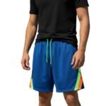 Blue athletic shorts with black elastic waistband, bright green drawstrings, and vertical lime green and orange side stripes, worn with a black t-shirt on white background.