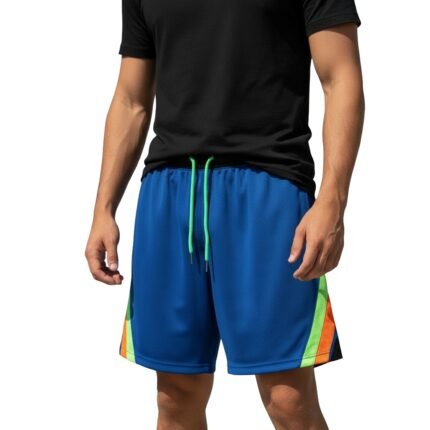 Blue athletic shorts with black elastic waistband, bright green drawstrings, and vertical lime green and orange side stripes, worn with a black t-shirt on white background.