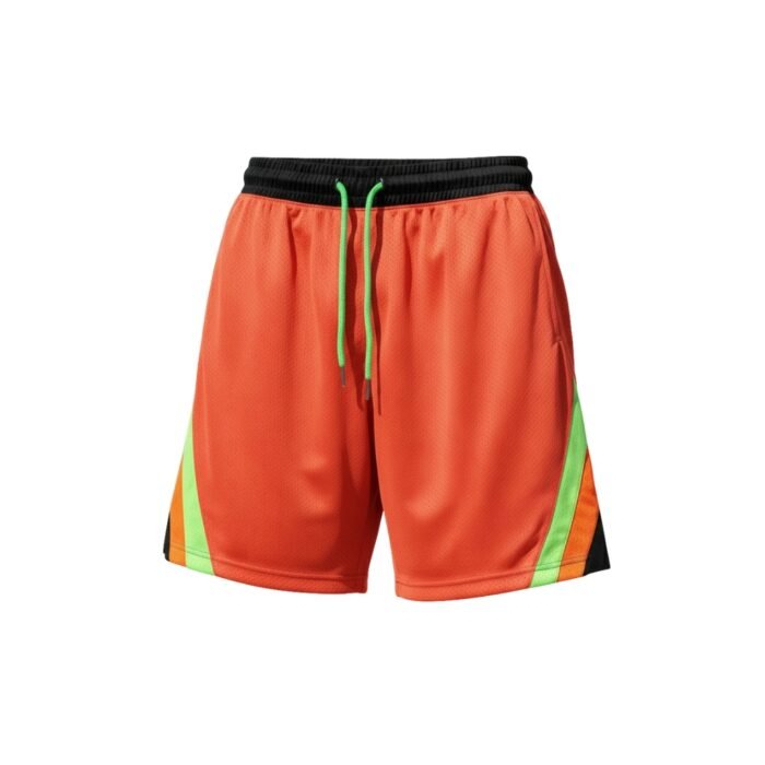 Orange and black sporty shorts with green drawstring and side stripe accents