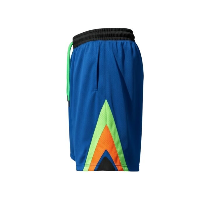 Men's blue athletic shorts with black elastic waistband, bright green drawstring, and inverted triangular front panel in black, orange, and bright green stripes