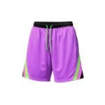 Purple basketball shorts with black ribbed elastic waistband, neon green drawstring, and vertical side stripes in neon green and dark pink; mesh fabric texture visible under studio lighting on white background.