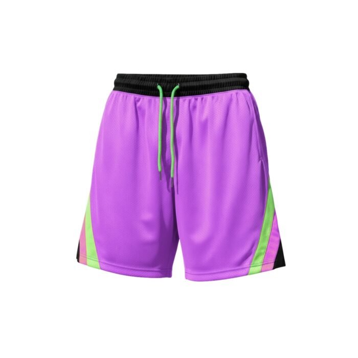 Purple basketball shorts with black ribbed elastic waistband, neon green drawstring, and vertical side stripes in neon green and dark pink; mesh fabric texture visible under studio lighting on white background.