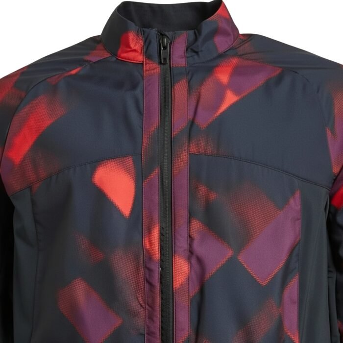 Men’s dark zip-up jacket with a stand collar and an all-over red and purple geometric diamond pattern, shown from the front against a plain background.