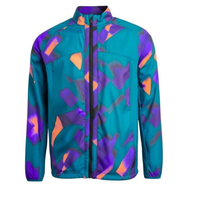 A turquoise men’s rugby jacket with a black front zipper, high ribbed collar, and bold orange and purple angular geometric shapes scattered across the chest and sleeves. Isolated on a plain white background.