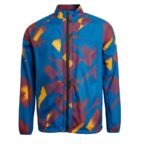 Men's blue rugby jacket with black front zipper, high collar, and vibrant orange and purple streaks in a haphazard pattern, photographed on a studio background