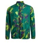 Men’s rugby jacket in teal and neon green with geometric pattern, full-zip front.