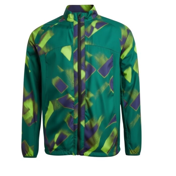 Men’s rugby jacket in teal and neon green with geometric pattern, full-zip front.