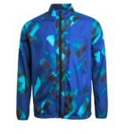 Men’s zip-up jacket in blue with a bright teal geometric pattern and a high collar.