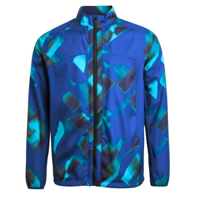 Men’s zip-up jacket in blue with a bright teal geometric pattern and a high collar.