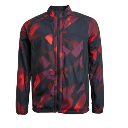 Men’s dark zip-up jacket with a high collar and an abstract red and purple pattern, shown against a plain background.