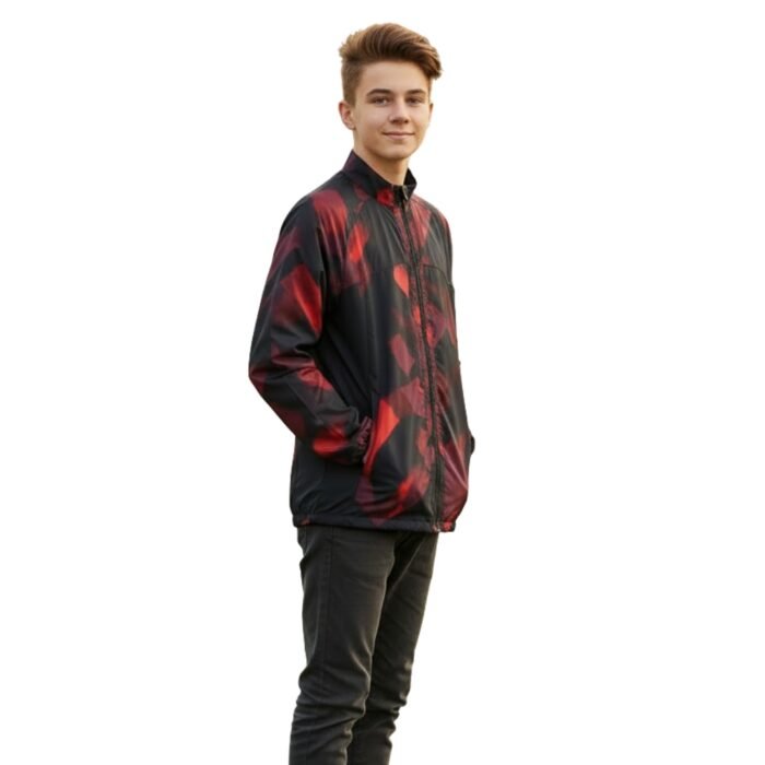 Men’s black zip-up jacket with a red abstract pattern and high collar, shown on a model against a white background.