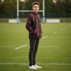 Men’s black zip-up jacket with a stand collar and red abstract graphic patches shown from the front on a grassy soccer field background.