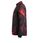 Men’s dark zip-up jacket with a stand collar and an all-over red and purple abstract geometric pattern, shown from the side against a plain background.