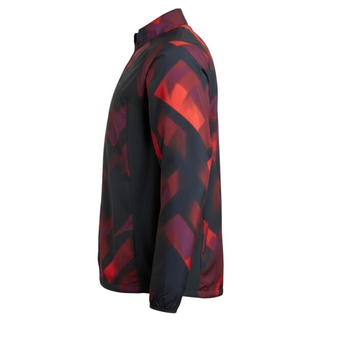 Men’s dark zip-up jacket with a stand collar and an all-over red and purple abstract geometric pattern, shown from the side against a plain background.