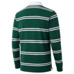 Back view of a green men’s long-sleeve rugby shirt with horizontal white and navy blue stripes, solid white collar, and clean back yoke, displayed against light gray background.