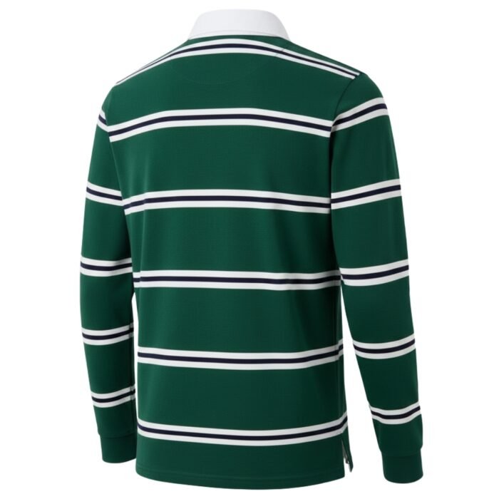 Back view of a green men’s long-sleeve rugby shirt with horizontal white and navy blue stripes, solid white collar, and clean back yoke, displayed against light gray background.