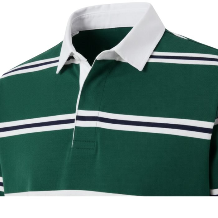 Close-up detail of a rugby shirt collar: white ribbed knit collar with neat topstitching, short three-button placket, and crisp green fabric transitioning into white and navy blue horizontal stripes.