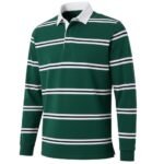 Front-facing studio shot of a green men’s long-sleeve rugby shirt with white collar, three-button placket, and balanced horizontal stripes in white and navy blue on a light gray background.