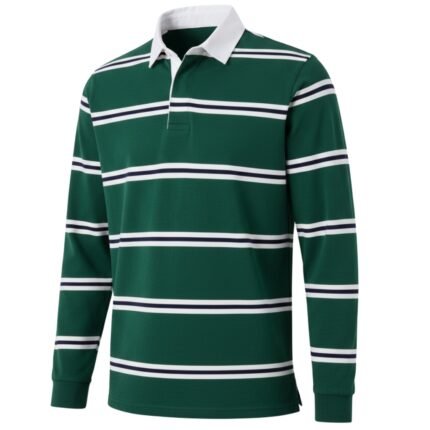 Front-facing studio shot of a green men’s long-sleeve rugby shirt with white collar, three-button placket, and balanced horizontal stripes in white and navy blue on a light gray background.