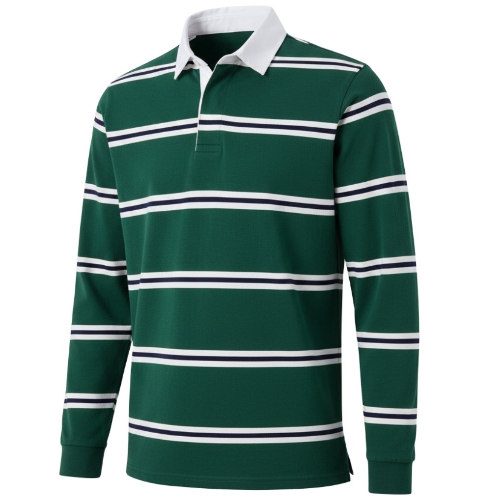 Mens rugby longsleeve shirt- Full front view Front-facing studio shot of a green men’s long-sleeve rugby shirt with white collar, three-button placket, and balanced horizontal stripes in white and navy blue on a light gray background.