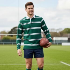 A man wearing a green-and-white striped rugby shirt, navy shorts, and navy-and-white striped knee-high socks poses on a grass rugby field holding a rugby ball, with goalposts visible in the background under a partly cloudy sky.