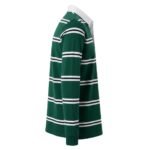 Green long-sleeve men’s rugby shirt with white collar and horizontal white and navy blue stripes on body and sleeves, shown in side view against light gray background.