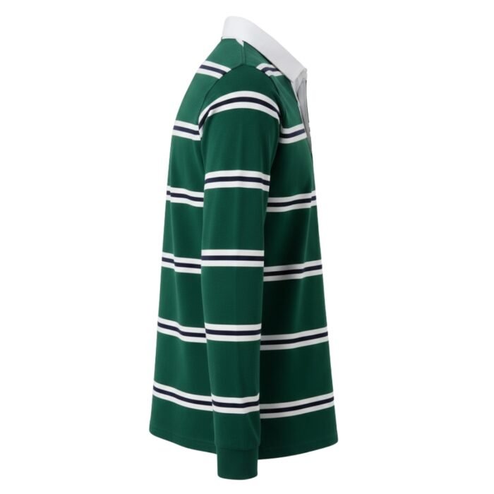 Green long-sleeve men’s rugby shirt with white collar and horizontal white and navy blue stripes on body and sleeves, shown in side view against light gray background.
