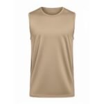 Men’s beige sleeveless rugby tank top with a crew neckline, shown from the front in a studio cutout on a plain white background.