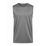 Men’s gray sleeveless rugby tank top with a crew neckline, shown from the front in a studio cutout on a plain white background.