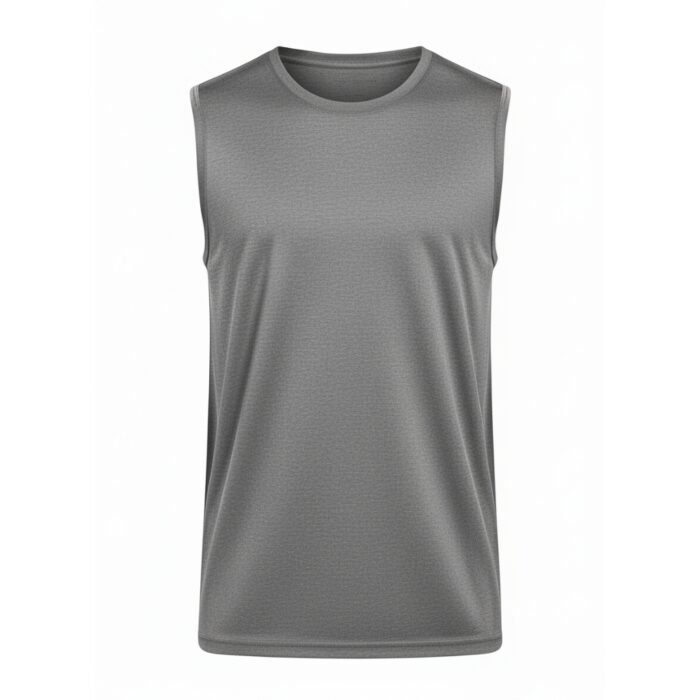 Men’s gray sleeveless rugby tank top with a crew neckline, shown from the front in a studio cutout on a plain white background.