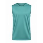 Men’s teal color sleeveless rugby tank top with a crew neckline, shown from the front in a studio cutout on a plain white background.